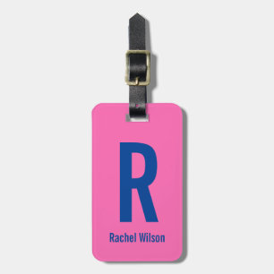 Eenvoudig Heet Roze met Blauwe Naam & Monogram Bagagelabel