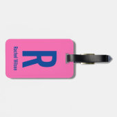 Eenvoudig Heet Roze met Blauwe Naam & Monogram Bagagelabel (Achterkant horizontaal)