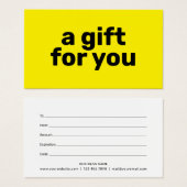 Eenvoudig helder geel modern cadeaubon met vet let visitekaartje (Voorkant /achterkant)