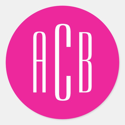 Eenvoudig hete roze en witte drieletter-monogram ronde sticker (Voorkant)