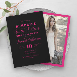 Eenvoudig Hot Roze Zwart Foto SURPRISE Sweet 16 Kaart