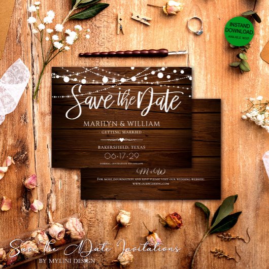 Eenvoudig Hout en String Lights Rustieke bruiloft Save The Date