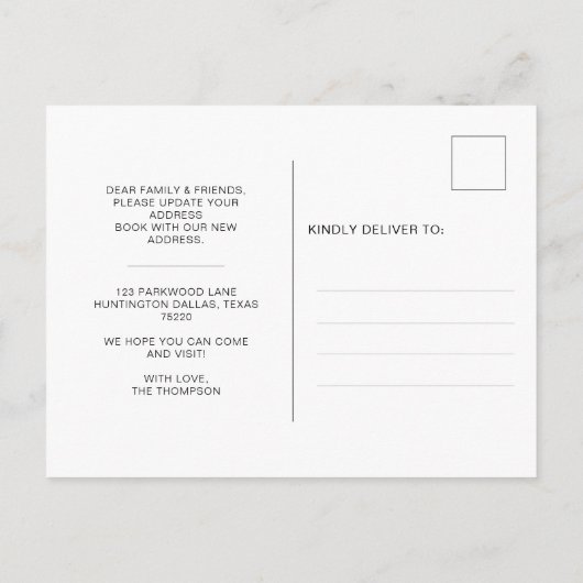 Eenvoudig huis dat we hebben verplaatst aankondigingskaart (Achterkant)