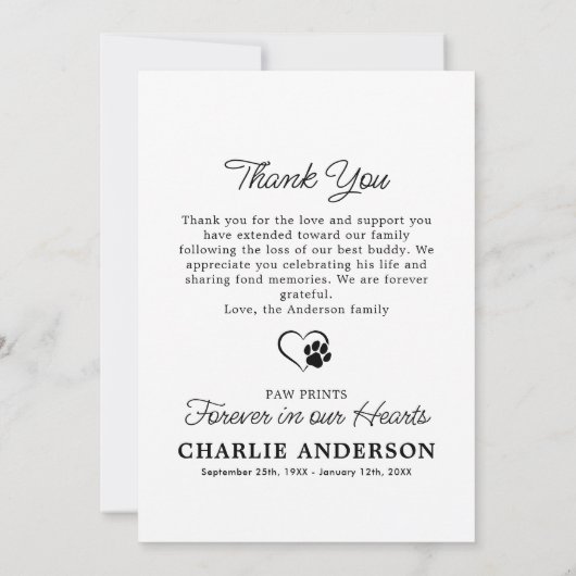 Eenvoudig huisdier Memorial aangepaste sympathie h Bedankkaart (Achterkant)
