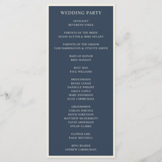 Eenvoudig huwelijk tussen Navy Blue en Ivory Borde Programmakaart (Achterkant)