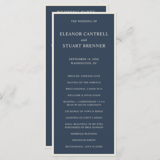 Eenvoudig huwelijk tussen Navy Blue en Ivory Borde Programmakaart (Voorkant / Achterkant)