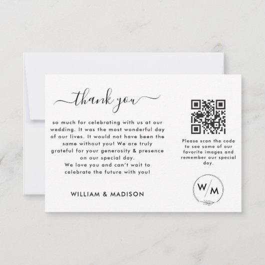 Eenvoudig huwelijksboekje met monogram en QR-code Bedankkaart (Achterkant)