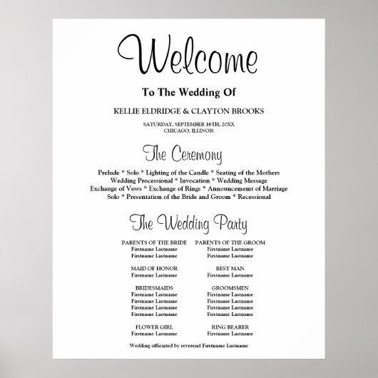Eenvoudig huwelijksceremonieprogramma bord poster (Voorkant)