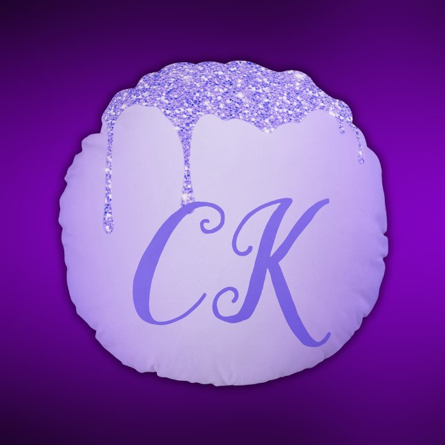 Eenvoudig - Initialen Monogram met Paarse Glitter  Rond Kussen (Creator heeft geüpload)