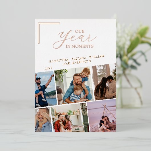 Eenvoudig Jaar In Momenten Familiefoto Kerstmis Folie Feestdagenkaart (Staand Voorkant)