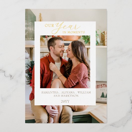 Eenvoudig Jaar In Momenten Familiefoto Kerstmis Folie Uitnodiging (Voorkant)