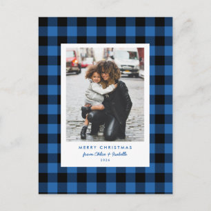 Eenvoudig kader Blauw Buffalo Plaid Kerst Foto Briefkaart