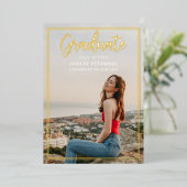 Eenvoudig kader gouden script foto afstuderen folie uitnodiging (Staand Voorkant)