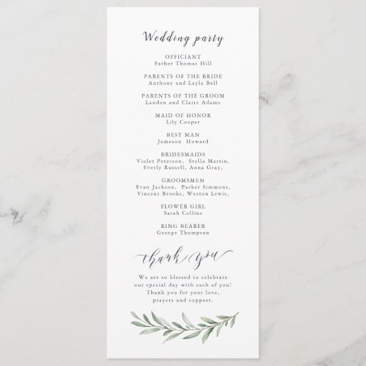 Eenvoudig kalligrafie landelijke groene huwelijksp programmakaart (Achterkant)