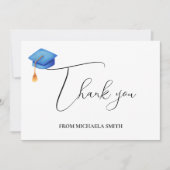 Eenvoudig kalligrafiescript blauw Afstuderen Bedankkaart (Voorkant)