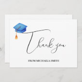 Eenvoudig kalligrafiescript blauw Afstuderen Bedankkaart (Voorkant / Achterkant)