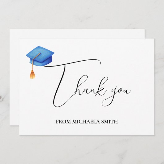 Eenvoudig kalligrafiescript blauw Afstuderen Bedankkaart (Voorkant / Achterkant)