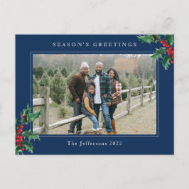 Eenvoudig kerstfeest Holly Aangepaste foto Blauw Feestdagenkaart