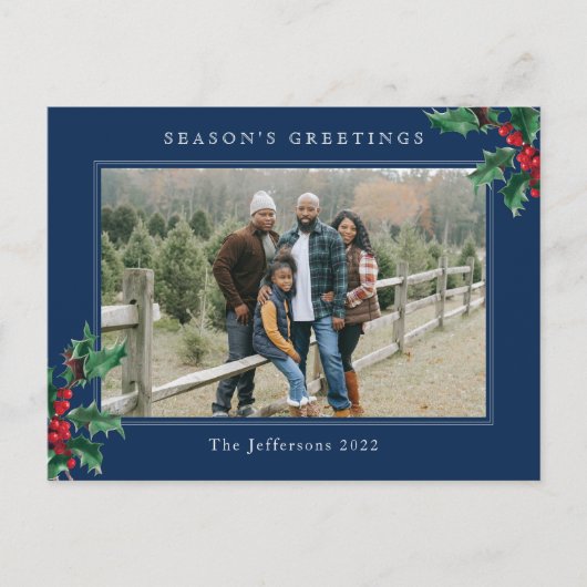 Eenvoudig kerstfeest Holly Aangepaste foto Blauw Feestdagenkaart (Voorkant)