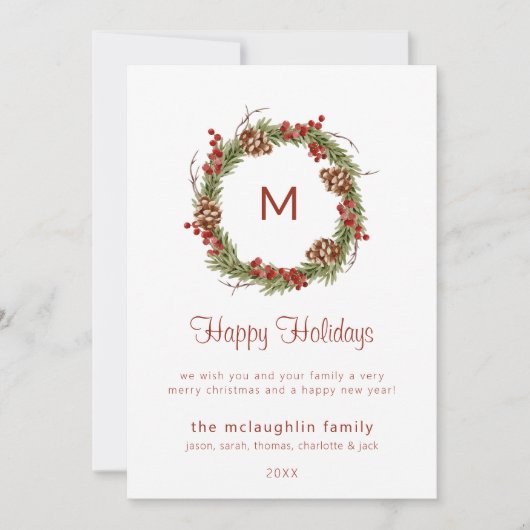 Eenvoudig Kerstgroen Monogram Vakantie Kaart (Voorkant)