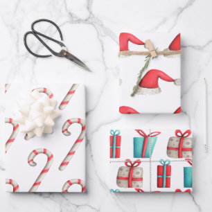 Eenvoudig Kerstpatroon Candy Cane Santa Hoed Cadea Inpakpapier Vel