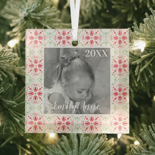 Eenvoudig kerstrood-groen Snowflake-patroon foto Glas Ornament (Insitu)