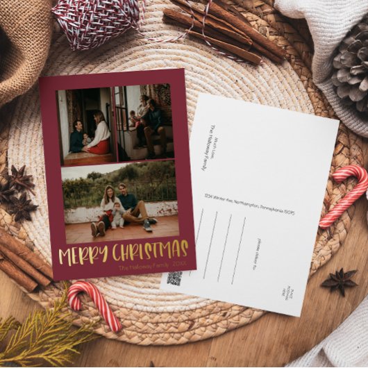 Eenvoudig kerstrood - Verticaal 3 Foto | Goud Folie Feestdagen Briefkaart