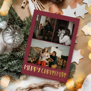 Eenvoudig kerstrood - Verticaal 3 Foto   Goud Folie Feestdagenkaart