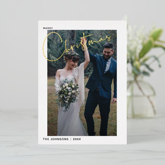 Eenvoudig kerstscript bruiloft foto folie feestdagenkaart (Staand Voorkant)