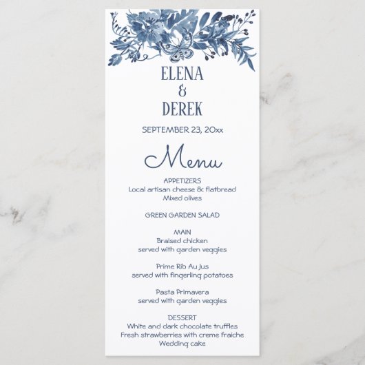 Eenvoudig Klassiek Blauw, White Floral Wedding Men Menu (Voorkant)