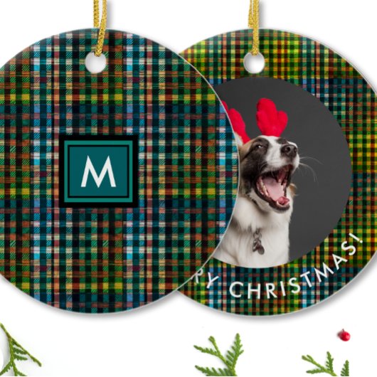 Eenvoudig Klassiek Groen Plaid Tartan Photo Monogr Keramisch Ornament