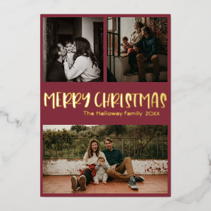 Eenvoudig Klassiek kerstrood met drie foto's Gold Folie Feestdagenkaart