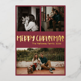 Eenvoudig Klassiek kerstrood met drie foto's Gold Folie Feestdagenkaart