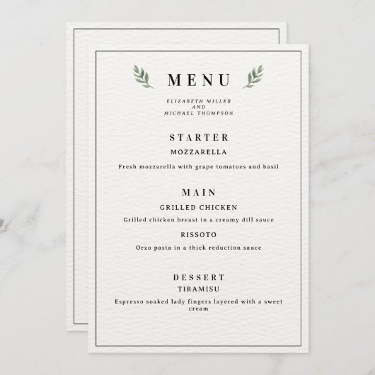 Eenvoudig klassiek minimalistisch huwelijksmenu, m menu (Voorkant / Achterkant)