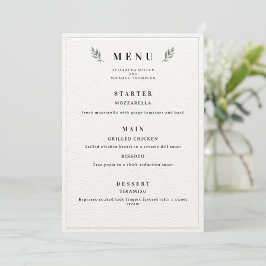 Eenvoudig klassiek minimalistisch huwelijksmenu, m menu (Staand voorkant)