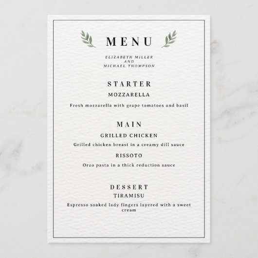Eenvoudig klassiek minimalistisch huwelijksmenu, m menu (Voorkant)