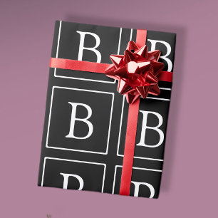 Eenvoudig Klassiek Monogram   Zwart met Witte Teks Cadeaupapier