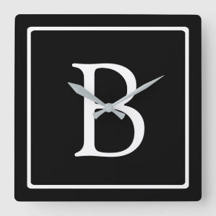 Eenvoudig Klassiek Monogram Zwart met Witte Teks Vierkante Klok