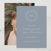 Eenvoudig Klassiek Stoffig Blauw Bladkam Wildbloem Save The Date (Voorkant / Achterkant)