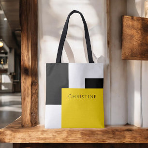 Eenvoudig Kleurenblok Geel Wit Zwart met Naam Tote Bag