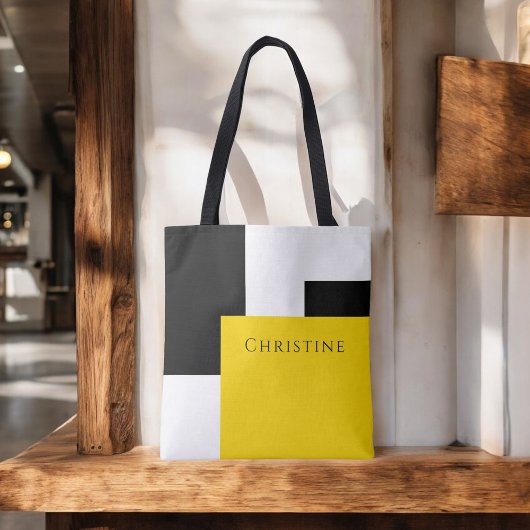 Eenvoudig Kleurenblok Geel Wit Zwart met Naam Tote Bag