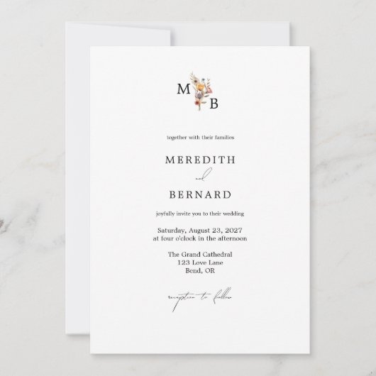 Eenvoudig Kleurig Bloemmotief Initialen Bruiloft Kaart (Voorkant)