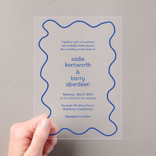 Eenvoudig kobaltblauw Squiggle Lijst Modern Bruilo Acryl Uitnodigingen (Insitu (Draagbaar))