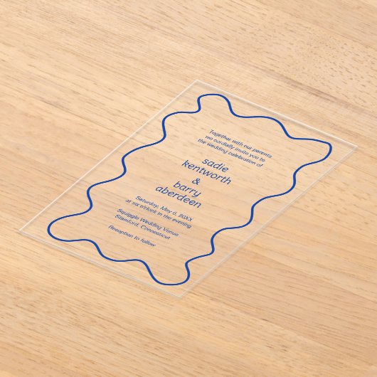 Eenvoudig kobaltblauw Squiggle Lijst Modern Bruilo Acryl Uitnodigingen (Laagn)