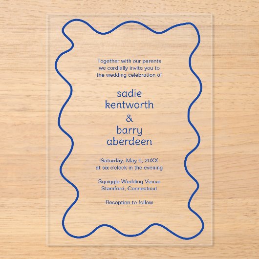 Eenvoudig kobaltblauw Squiggle Lijst Modern Bruilo Acryl Uitnodigingen (Voorkant)
