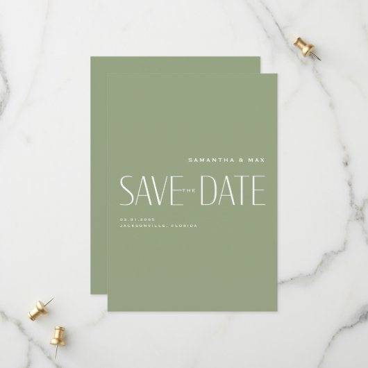 Eenvoudig Koppel Sage Modern Monogram Bewaar de Da Save The Date (Voorkant / Achterkant in situ)