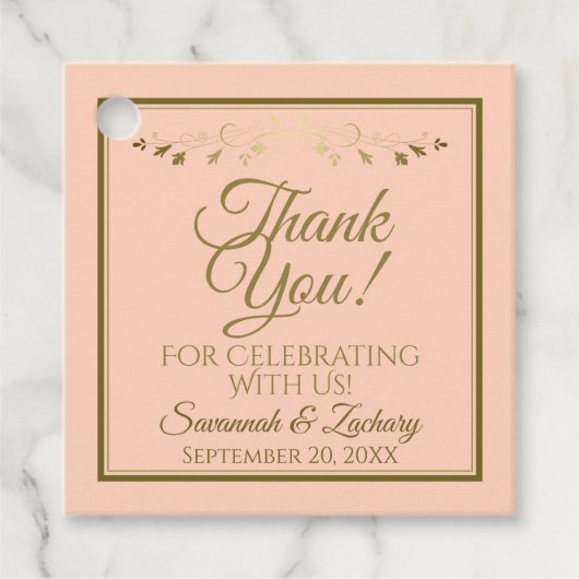 Eenvoudig koraalkleurig en goudkleurig huwelijk be bedankjes labels (Voorkant)