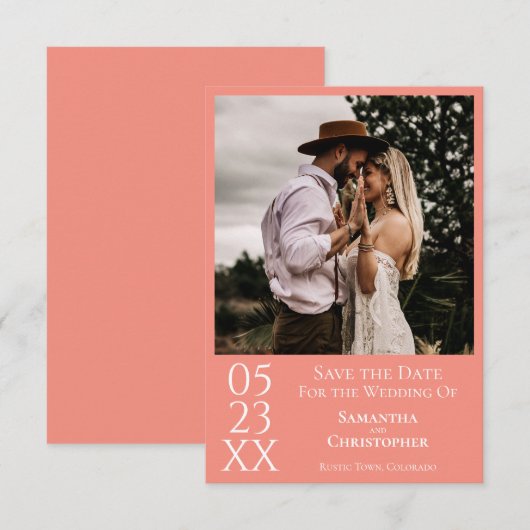 Eenvoudig koraalroze moderne minimumfoto-bruiloft save the date (Voorkant / Achterkant)