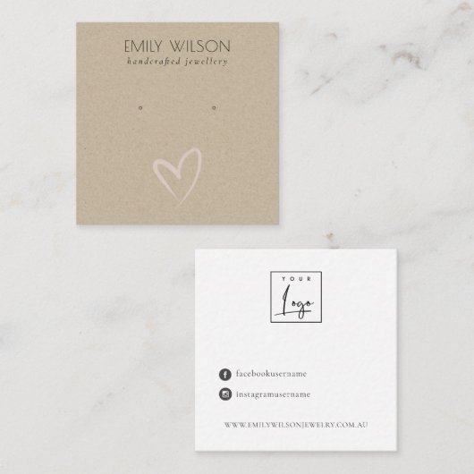Eenvoudig Kraft Blush Heart Stud Earning Display Vierkante Visitekaartje (Voorkant / Achterkant)
