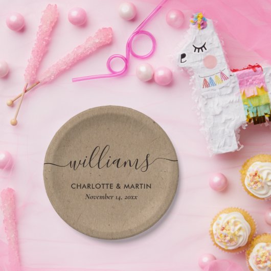 Eenvoudig Kraft Paper Elegant Modern Script Weddin Papieren Bordje (Feest)